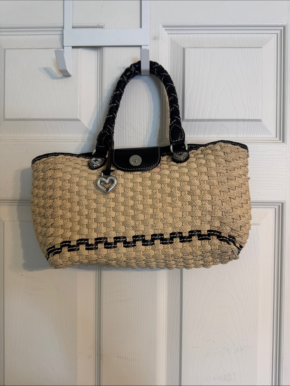 Brighton Beige Woven Tote with Black Trim and Heart Charm